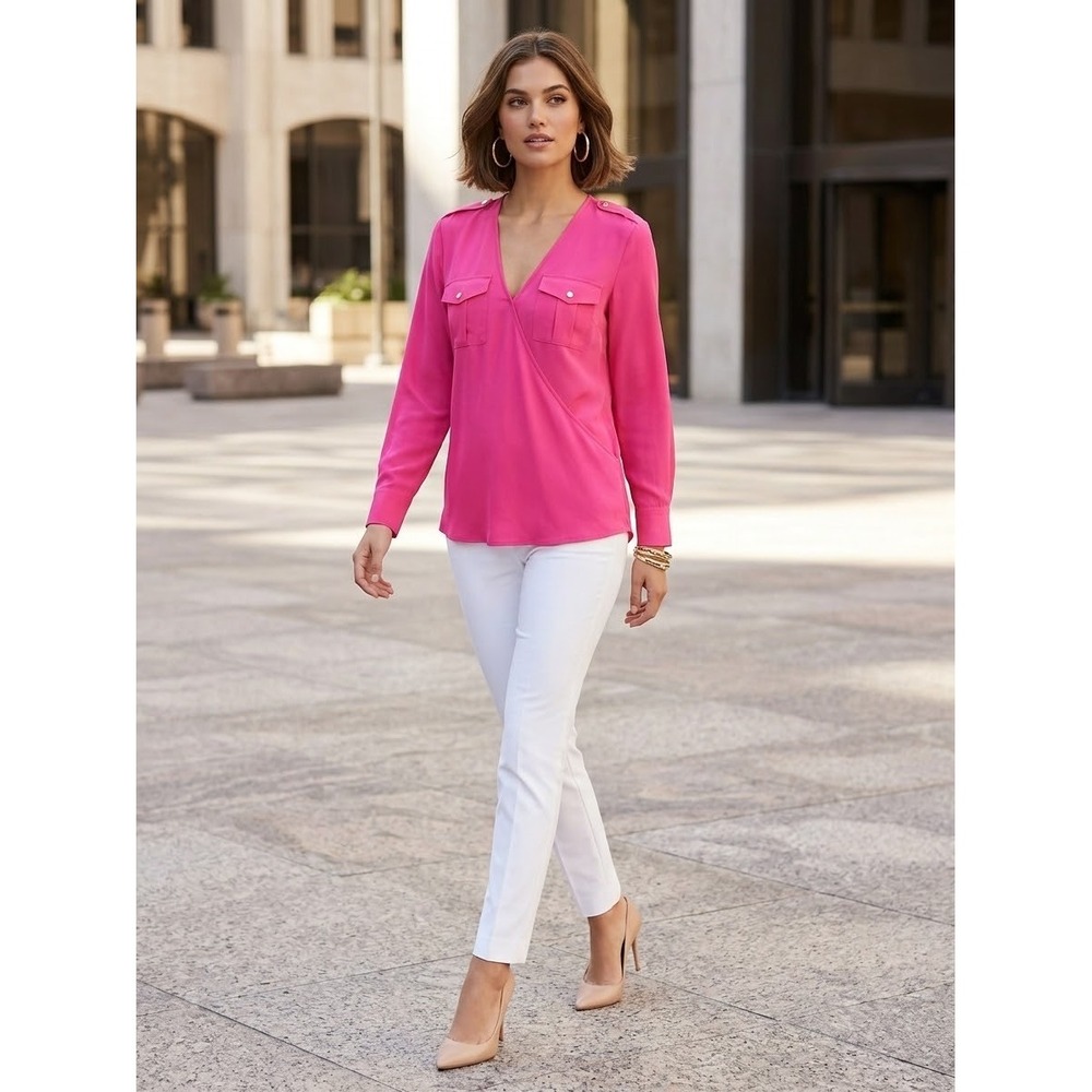 Trina Turk Pink 100% Silk Wrap Blouse V-Neck Utility Pocket Top 161113 Mens M
